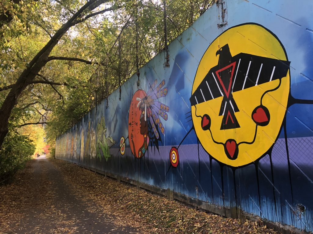 Indigenous artwork mural on the Humber River trail in Toronto