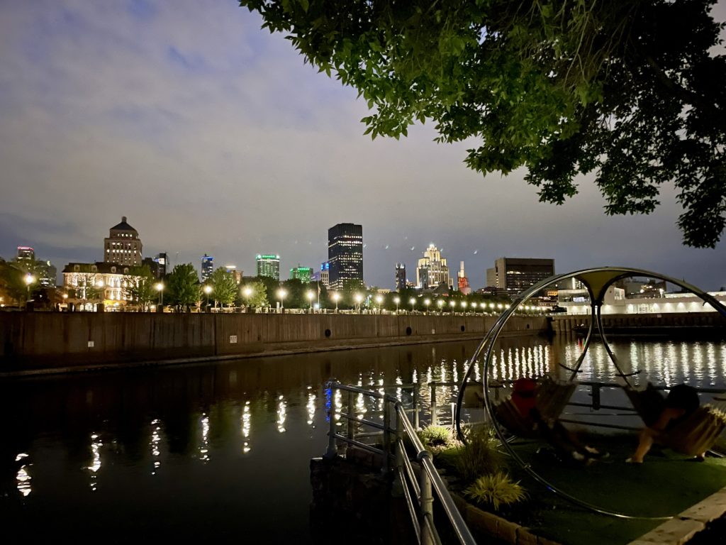 Old Montreal as seen from the Bota Bota spa gardens at night